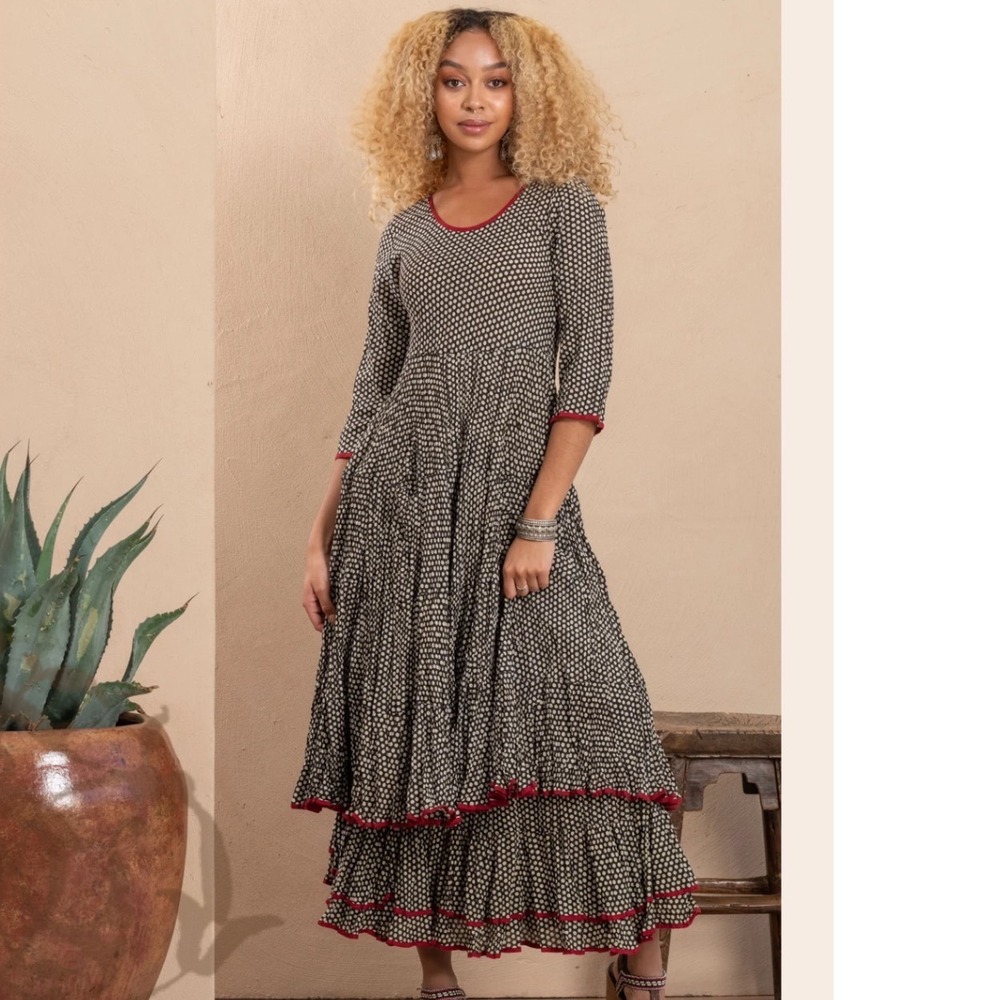 Passementrie Maxi Dress Women Medium Black Polka Dot Tiered Ruffle Boho